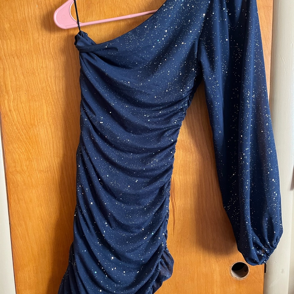 One-Shoulder Navy Dress with Silver Speckles